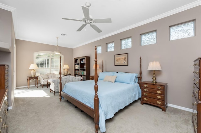 bedroom with crown molding, light colored carpet, and ceiling fan