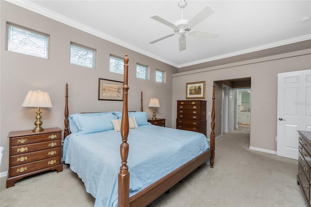 carpeted bedroom featuring ornamental molding and ceiling fan