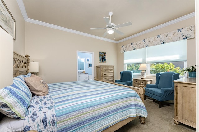 bedroom with connected bathroom, ornamental molding, light colored carpet, and ceiling fan