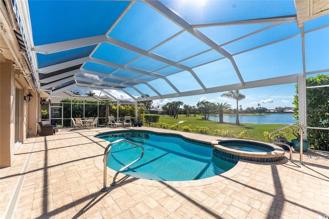 view of swimming pool featuring a patio area, an in ground hot tub, glass enclosure, and a water view