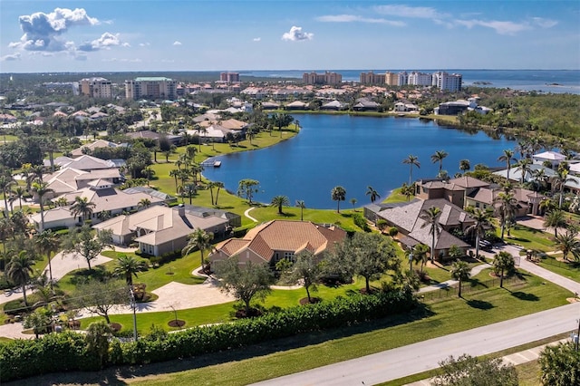 drone / aerial view featuring a water view