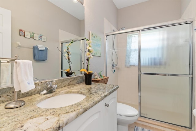 bathroom featuring vanity, toilet, and a shower with door