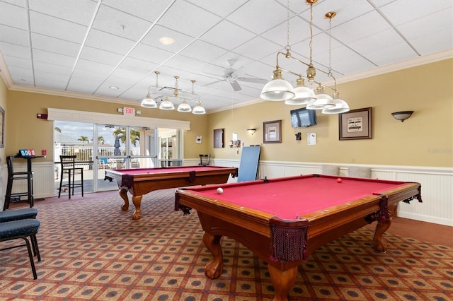 game room with radiator, ornamental molding, carpet, pool table, and french doors