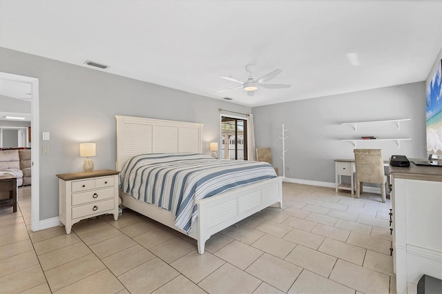 bedroom featuring light tile patterned flooring, a ceiling fan, visible vents, and baseboards