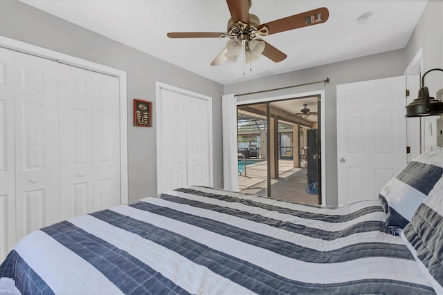 bedroom with access to exterior, a ceiling fan, and multiple closets