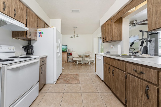 kitchen featuring sink, white appliances, decorative light fixtures, light tile patterned floors, and ceiling fan