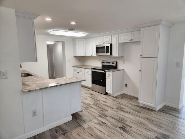 kitchen with sink, white cabinets, light hardwood / wood-style floors, kitchen peninsula, and stainless steel appliances