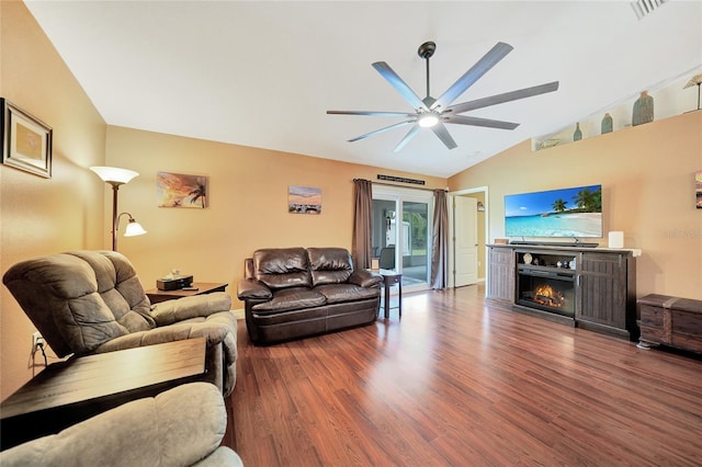 living room featuring dark hardwood / wood-style flooring, lofted ceiling, and ceiling fan