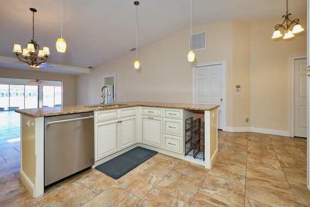 kitchen with sink, a notable chandelier, stainless steel dishwasher, and a center island with sink