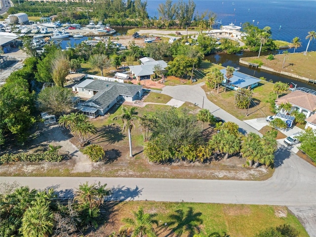 drone / aerial view featuring a water view