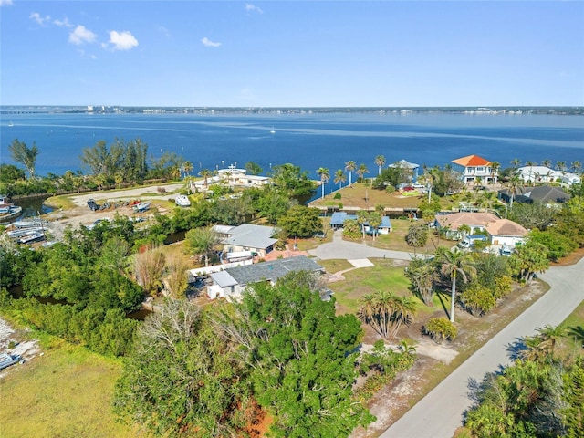 drone / aerial view with a water view