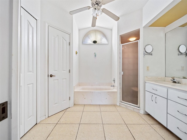 bathroom with tile patterned flooring, vanity, shower with separate bathtub, and ceiling fan