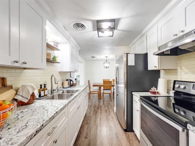 kitchen with sink, stainless steel range with electric cooktop, white cabinetry, tasteful backsplash, and light wood-type flooring