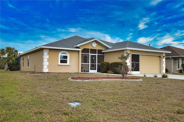 single story home with a garage and a front yard