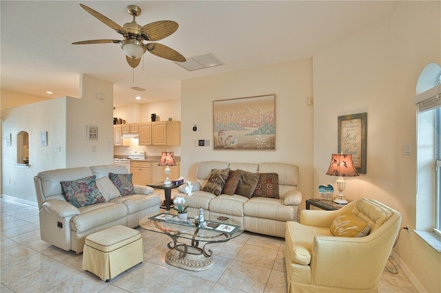 living room featuring ceiling fan