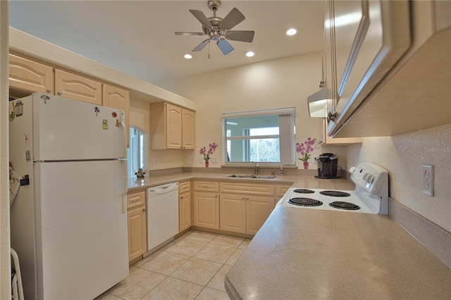 kitchen featuring range hood, sink, light tile patterned floors, ceiling fan, and white appliances