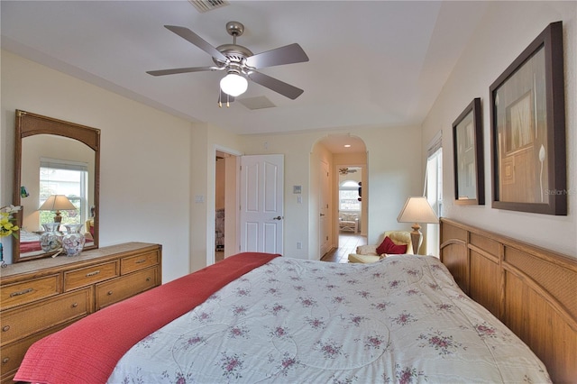 bedroom featuring ceiling fan and multiple windows