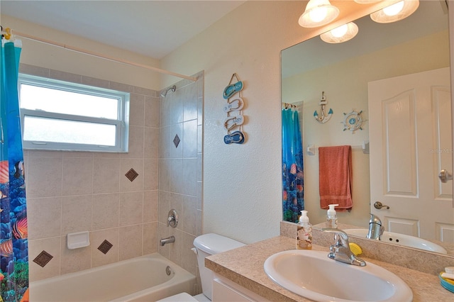 full bathroom with vanity, shower / tub combo with curtain, and toilet