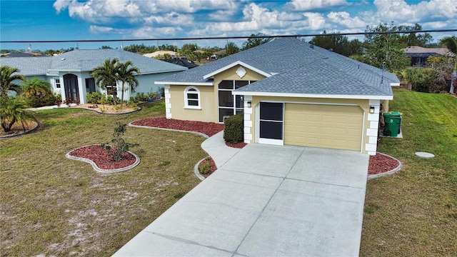 ranch-style home with a garage and a front lawn