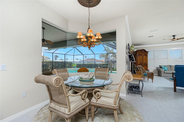 dining space with ceiling fan and light tile patterned floors