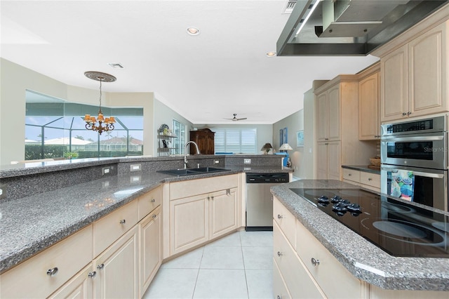 kitchen featuring sink, light tile patterned floors, stainless steel appliances, wall chimney exhaust hood, and light brown cabinets