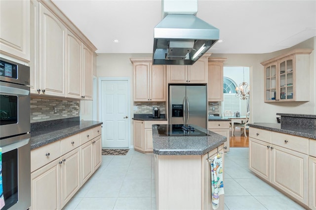 kitchen with island range hood, stainless steel appliances, a center island, and light brown cabinetry