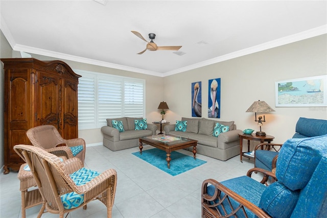 tiled living room with ceiling fan and ornamental molding