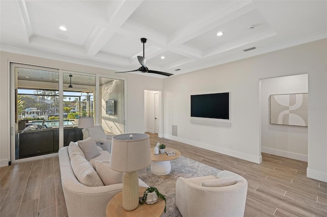 living room featuring beamed ceiling, coffered ceiling, and light wood-type flooring