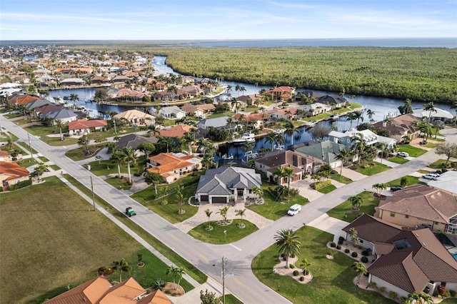 aerial view featuring a water view