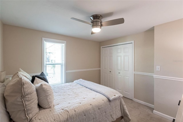 bedroom with ceiling fan and a closet