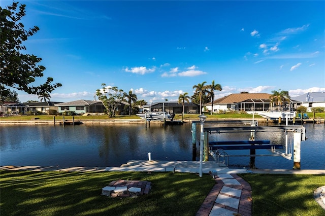 dock area with a water view and a yard