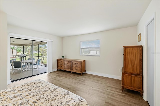 bedroom with access to exterior and light hardwood / wood-style flooring