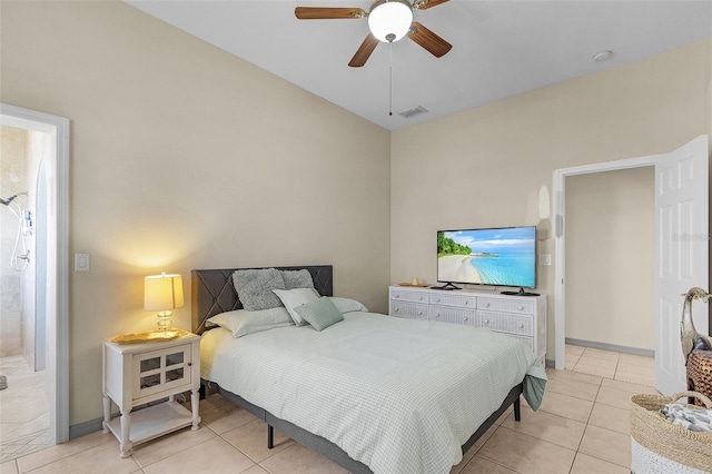 bedroom with light tile patterned flooring and ceiling fan