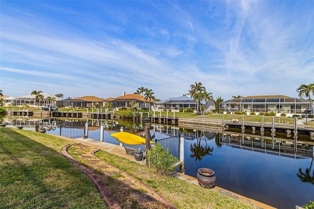 view of water feature with a dock