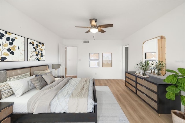 bedroom featuring ceiling fan and light hardwood / wood-style flooring