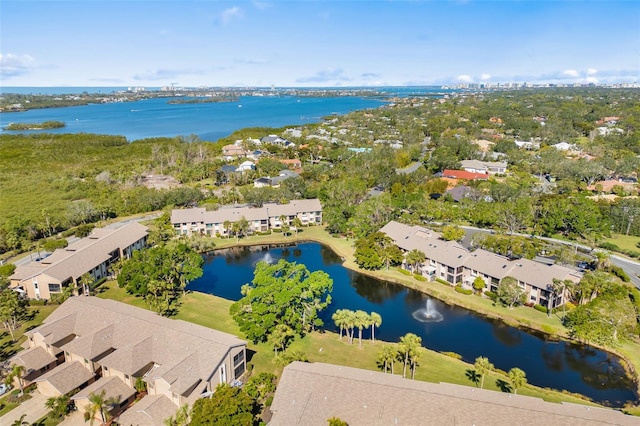 bird's eye view with a water view