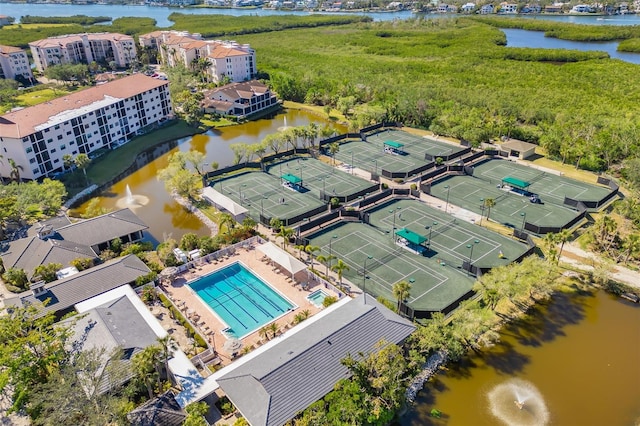 aerial view featuring a water view