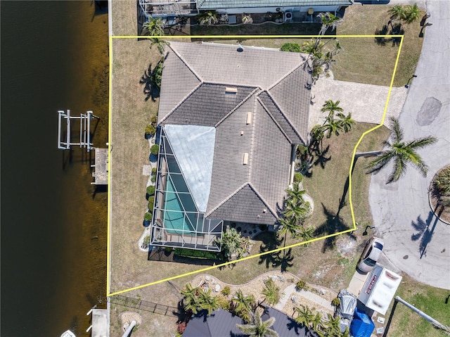 drone / aerial view with a water view