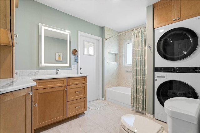 full bathroom with shower / bath combination with curtain, stacked washer / dryer, toilet, and vanity