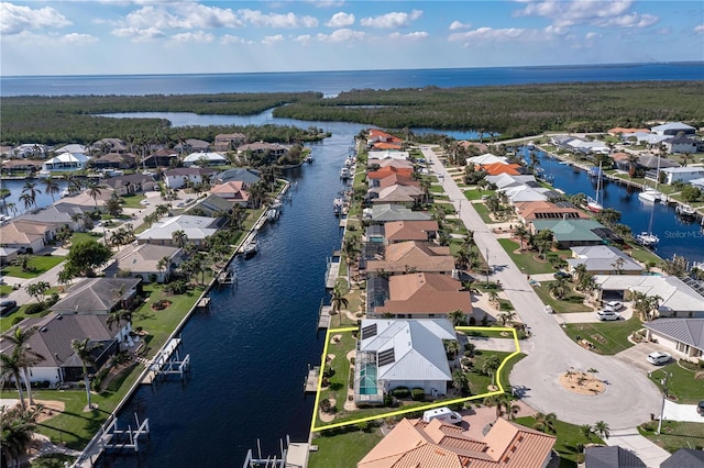 drone / aerial view featuring a water view