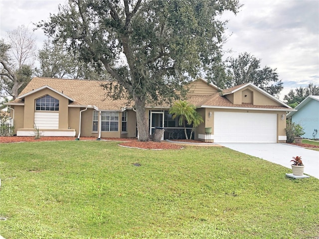 ranch-style house with a garage and a front lawn