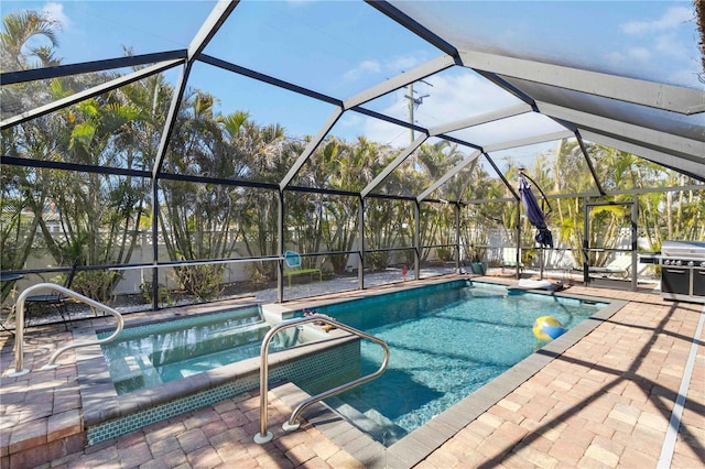 view of pool featuring a grill, a jacuzzi, a patio, and glass enclosure