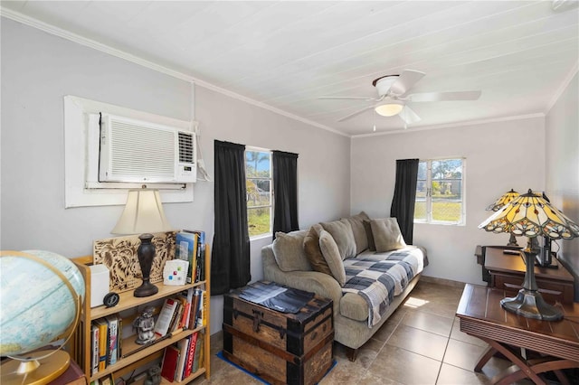 tiled living room with crown molding, a wall mounted AC, and ceiling fan