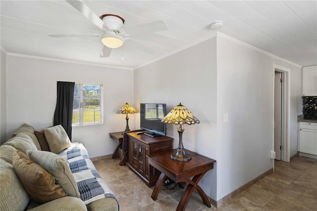 living room featuring ornamental molding and ceiling fan