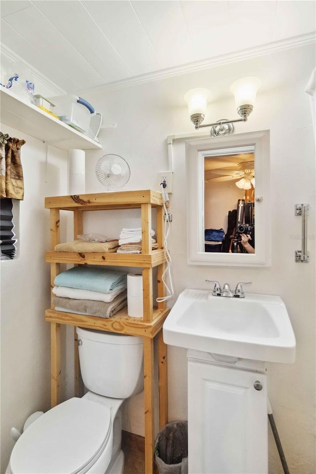 bathroom with crown molding, toilet, and sink