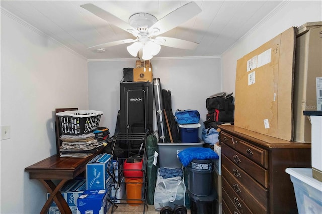 storage area featuring ceiling fan