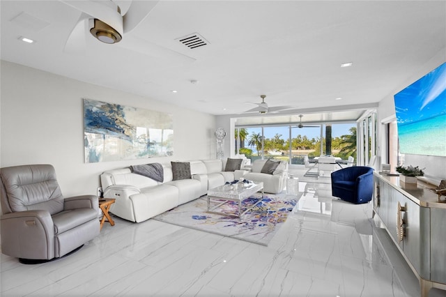 living room with ceiling fan