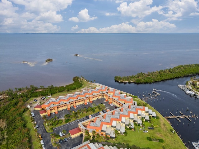 drone / aerial view featuring a water view