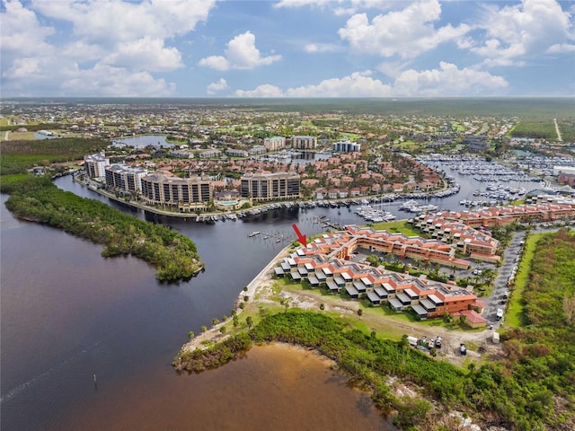 drone / aerial view with a water view