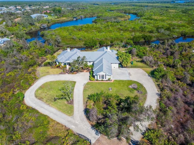 bird's eye view with a water view